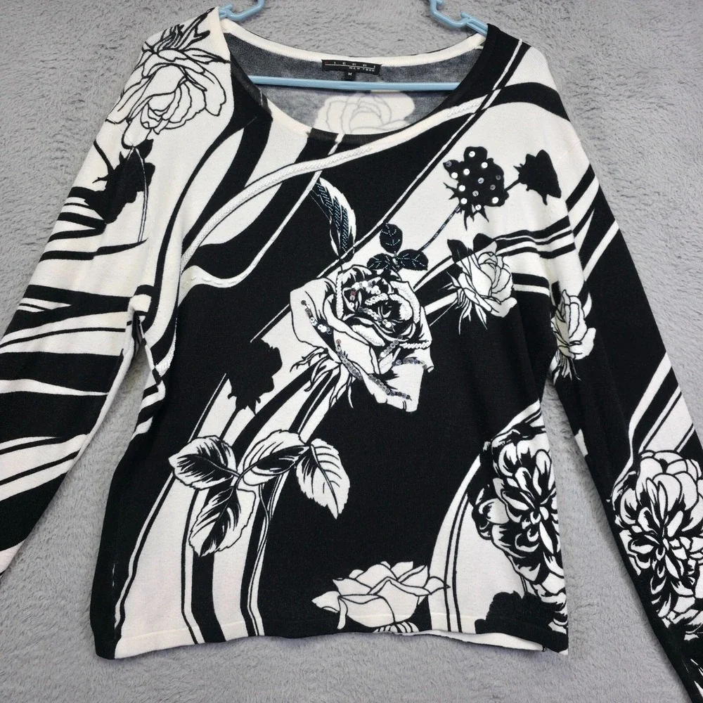 Pierri NY Sweater Womens M Black White‎ Floral Sequin Beaded Monochrome Elegant